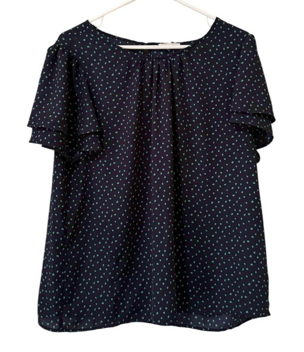 Pleione Polka Dot Ruffle Sleeve Blouse Women Size XL Polyester Keyhole Back Chic